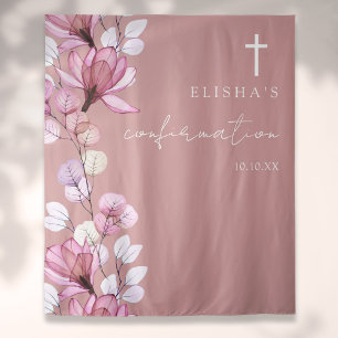 Dusty Rose Pink Floral Confirmation Photo Backdrop Tapestry