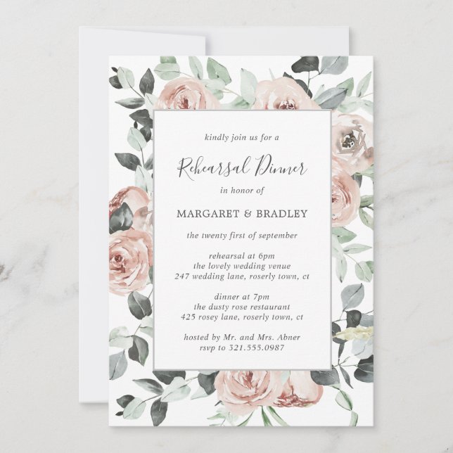 Dusty Rose Pink Floral Elegant Rehearsal Dinner Invitation (Front)