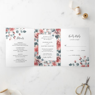 Dusty Rose Pink Floral Elegant watercolor Wedding Tri-Fold Invitation