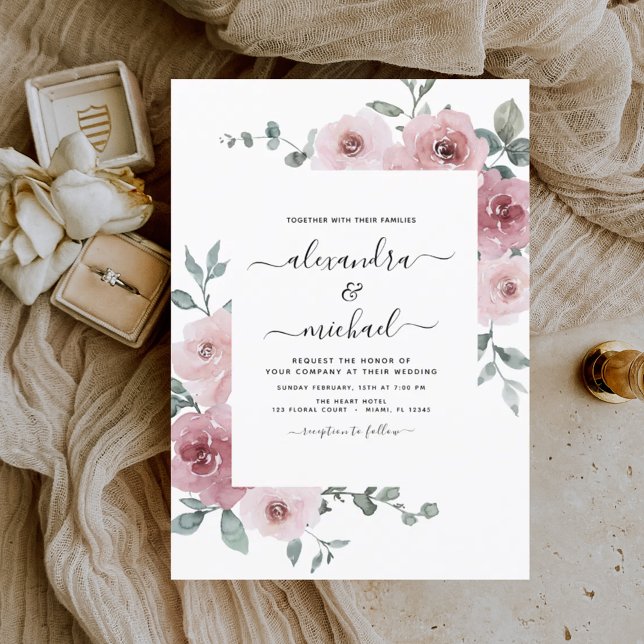 Dusty Rose Pink Floral Eucalyptus Greenery Wedding Invitation (Creator Uploaded)