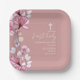 Dusty Rose Pink Floral First Holy Communion Paper Plate