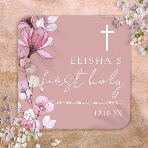Dusty Rose Pink Floral First Holy Communion Square Sticker
