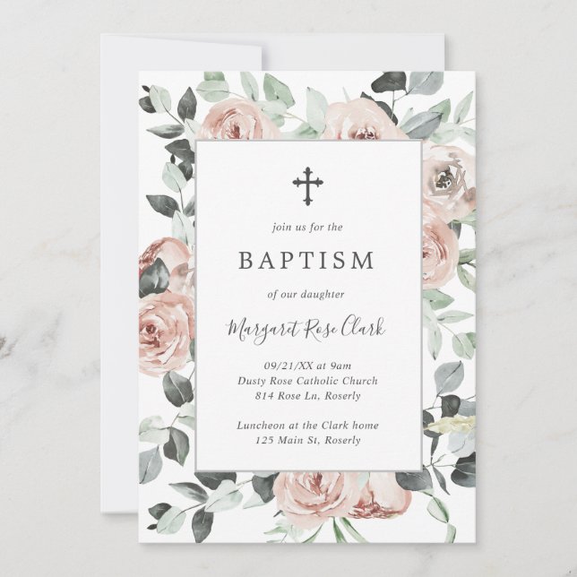 Dusty Rose Pink Floral Greenery Girl Baptism Invitation (Front)