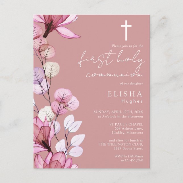 Dusty Rose Pink Floral Holy Communion Invitation Postcard (Front)