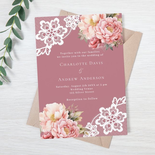 Dusty rose pink floral lace luxury wedding invitation (Creator Uploaded)