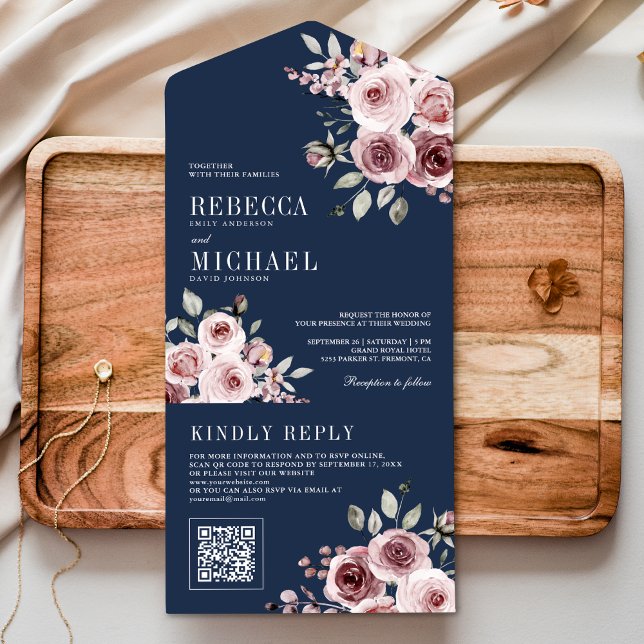 Dusty Rose Pink Floral Navy Blue QR Code Wedding All In One Invitation (Creator Uploaded)
