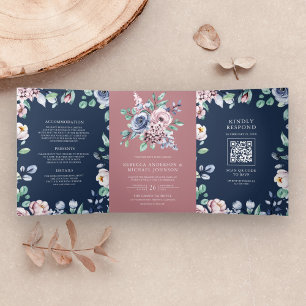 Dusty Rose Pink Floral Navy Blue QR Code Wedding Tri-Fold Invitation