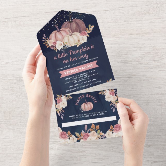 Dusty Rose Pink Floral Navy Pumpkin Baby Shower All In One Invitation (Tearaway)