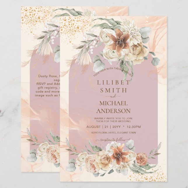 Dusty Rose Pink Floral Pampas Grass Boho Wedding (Front/Back)