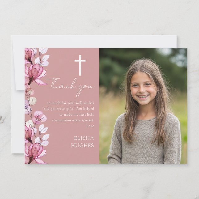 Dusty Rose Pink Floral Photo First Holy Communion Thank You Card (Front)