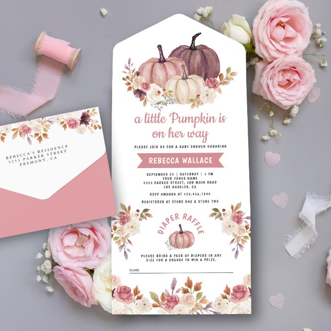 Dusty Rose Pink Floral Pumpkin Baby Shower All In One Invitation (Creator Uploaded)