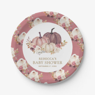 Dusty Rose Pink Floral Pumpkin Baby Shower Paper Plate