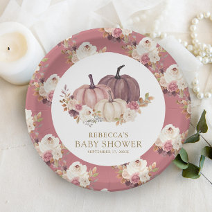 Dusty Rose Pink Floral Pumpkin Baby Shower Paper Plate