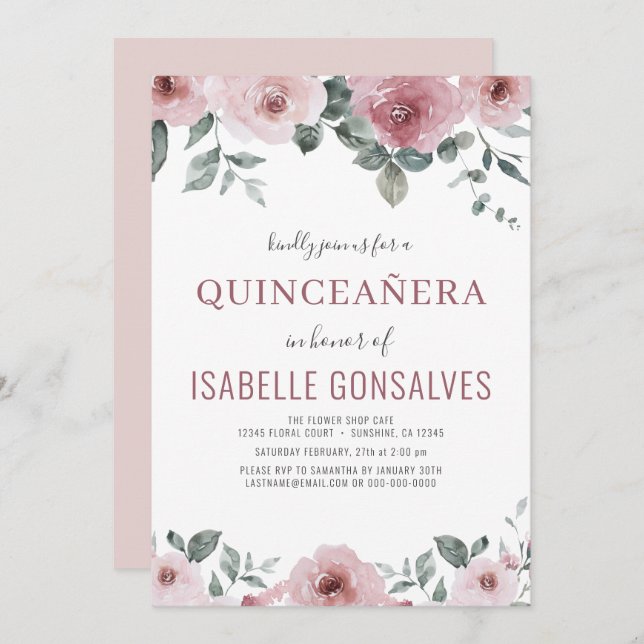 Dusty Rose Pink Floral QUINCEAÑERA Celebration  Invitation (Front/Back)