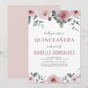 Dusty Rose Pink Floral QUINCEAÑERA Celebration  Invitation