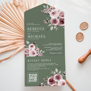Dusty Rose Pink Floral Sage Green QR Code Wedding All In One Invitation
