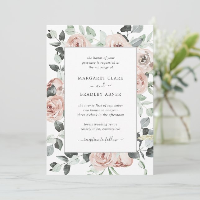 Dusty Rose Pink Floral Sage Greenery Wedding Invitation (Standing Front)