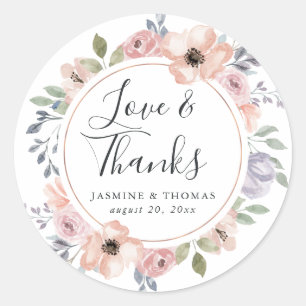 Dusty Rose Pink  Floral   Thank You Wedding Favour Classic Round Sticker