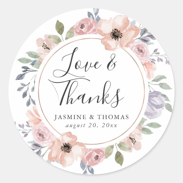 Dusty Rose Pink  Floral | Thank You Wedding Favour Classic Round Sticker (Front)