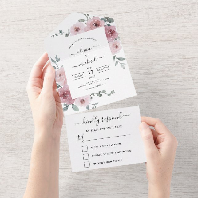 Dusty Rose Pink Floral Wedding Eucalyptus RSVP All In One Invitation (Tearaway)