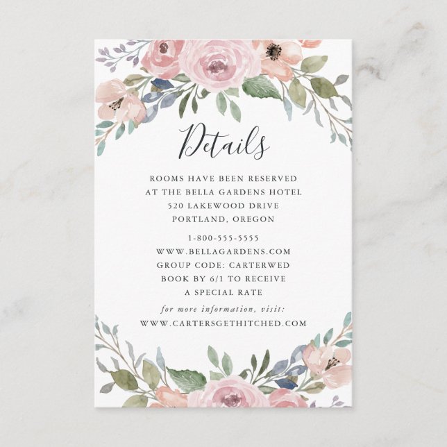 Dusty Rose Pink Floral Wedding Guest Information Enclosure Card (Front)