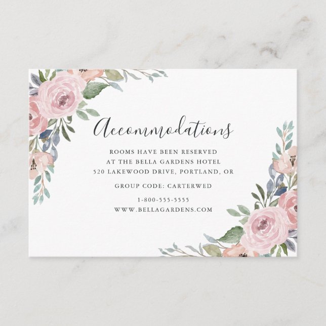 Dusty Rose Pink Floral Wedding Hotel Accommodation Enclosure Card (Front)