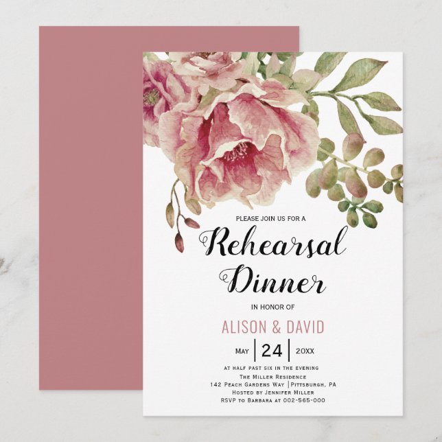Dusty rose pink floral wedding rehearsal dinner invitation (Front/Back)