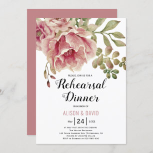 Dusty rose pink floral wedding rehearsal dinner invitation
