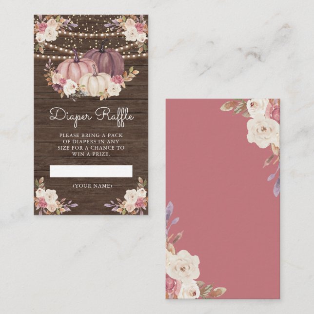 Dusty Rose Pink Floral Wood Pumpkin Diaper Raffle Enclosure Card (Front/Back)