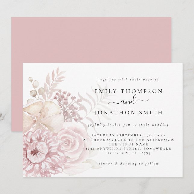 Dusty Rose Pink Florals Wedding Invitation (Front/Back)