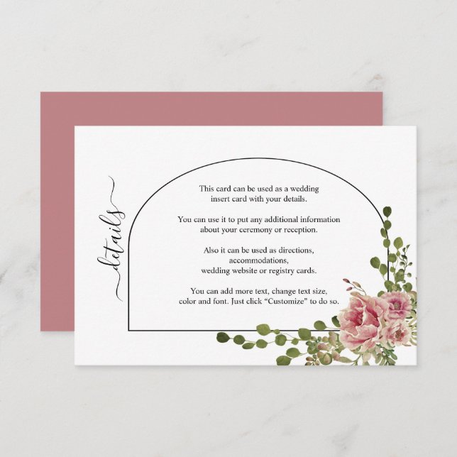 Dusty rose pink flowers and arch floral wedding enclosure card (Front/Back)