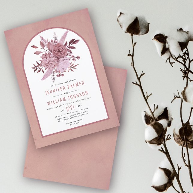 Dusty rose pink flowers and arch wedding invitation (Creator Uploaded)