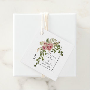 Dusty rose pink flowers arch and monogram wedding favour tags