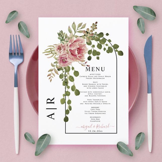 Dusty rose pink flowers, arch and monogram wedding menu (Creator Uploaded)