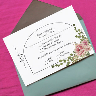 Dusty rose pink flowers, arch and monogram wedding RSVP card