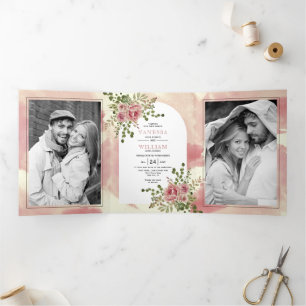 Dusty rose pink flowers arch floral boho wedding Tri-Fold invitation