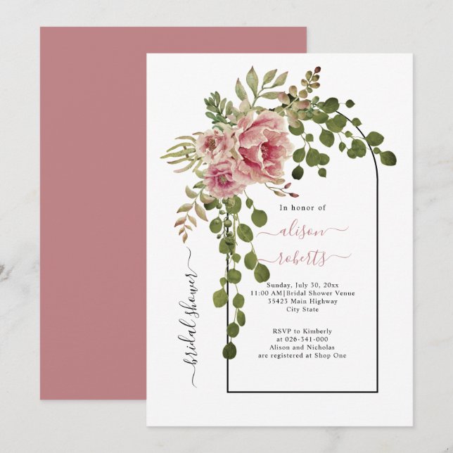 Dusty rose pink flowers arch wedding bridal shower invitation (Front/Back)