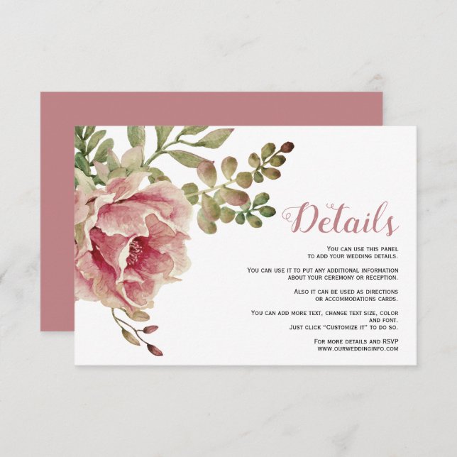 Dusty rose pink flowers floral wedding details enclosure card (Front/Back)