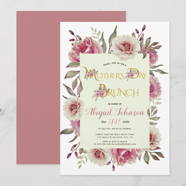 Dusty rose pink flowers Mothers Day brunch Invitation (Front/Back)