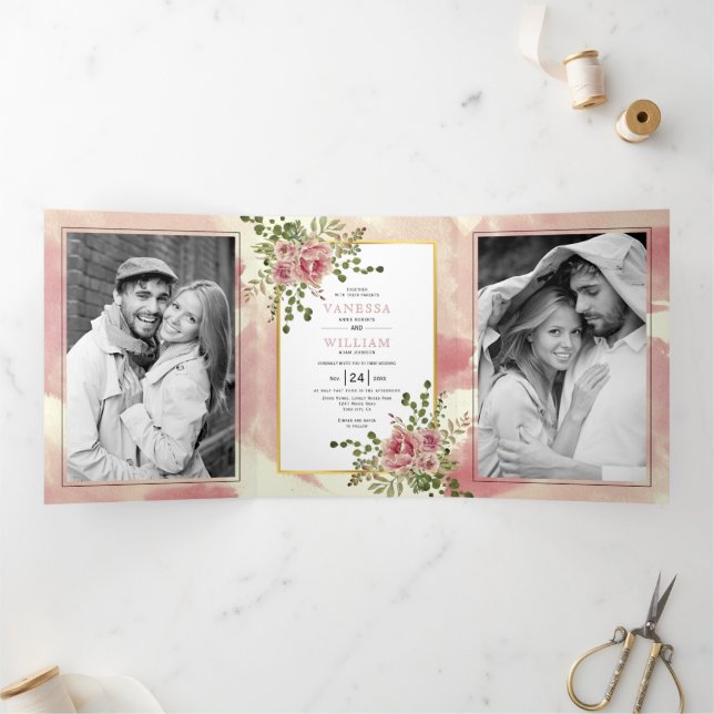 Dusty rose pink flowers spring floral boho wedding Tri-Fold invitation (Inside)