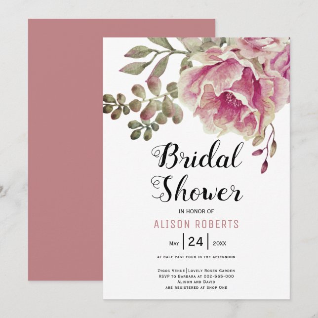 Dusty rose pink flowers wedding bridal shower  invitation (Front/Back)