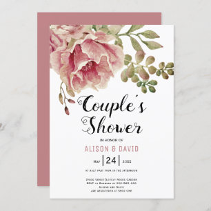 Dusty rose pink flowers wedding couples shower invitation