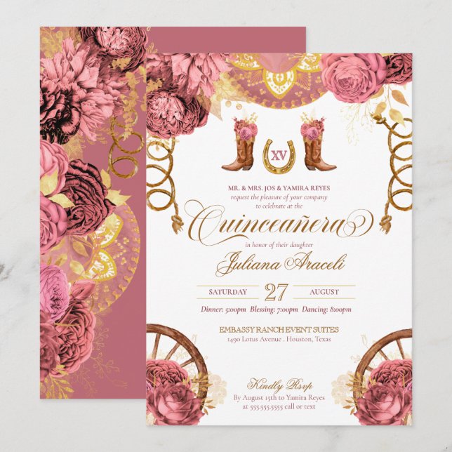 Dusty Rose Pink Gold Elegant Charro Quinceanera Invitation (Front/Back)