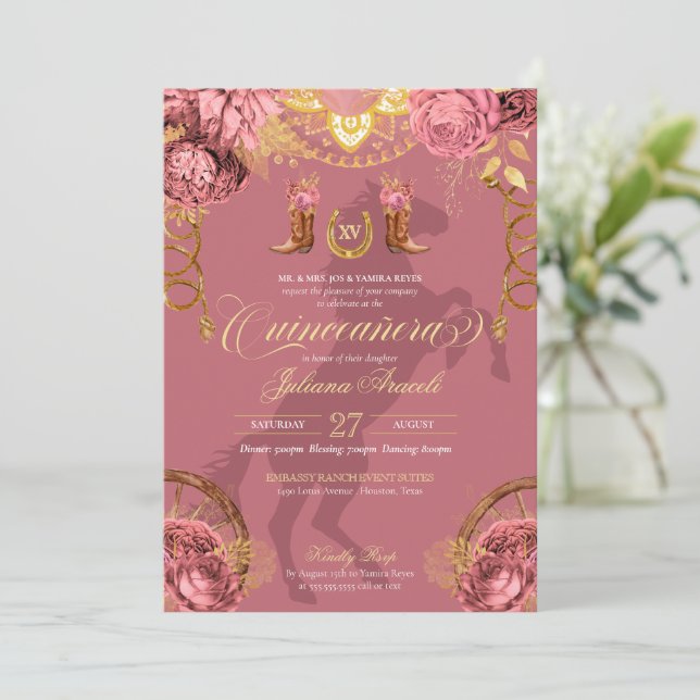 Dusty Rose Pink Gold Elegant Charro Quinceanera Invitation (Standing Front)
