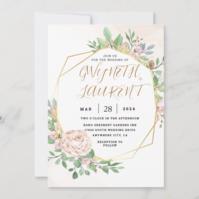 Dusty Rose Pink Gold Greenery Floral Wedding Invitation (Front)