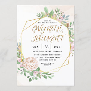 Dusty Rose Pink Gold Greenery Floral Wedding Invitation