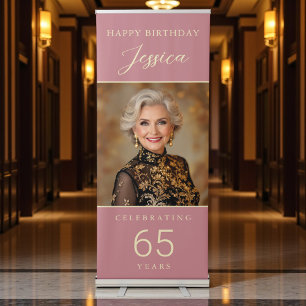 Dusty Rose Pink Gold Script Photo Any Age Birthday Retractable Banner