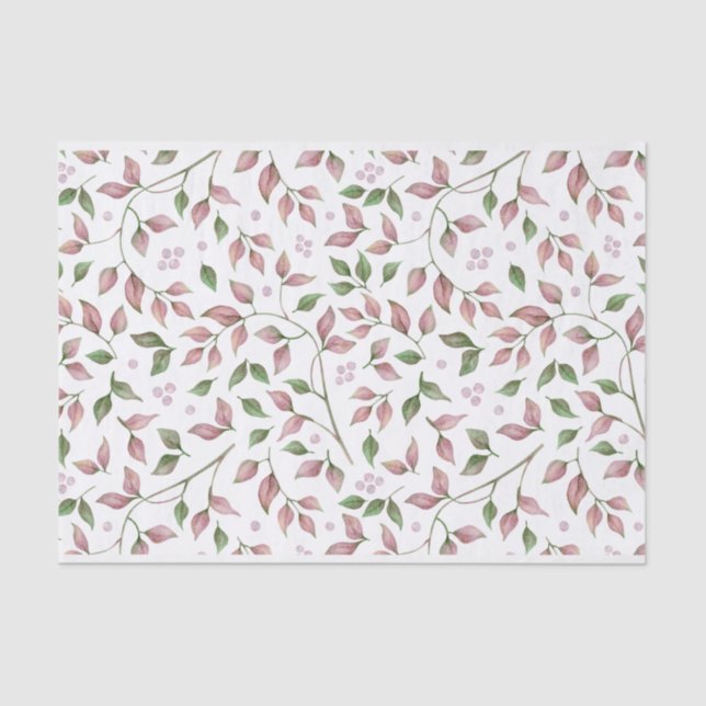 Dusty Rose Pink Green Leaves Tissue Paper (Front)