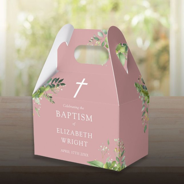 Dusty Rose Pink Greenery Baptism Christening Favour Box (Dusty Rose Pink Greenery Baptism Christening Favor Boxes)