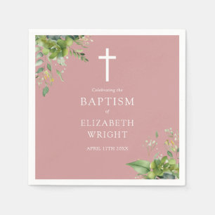 Dusty Rose Pink Greenery Baptism Christening Napkin